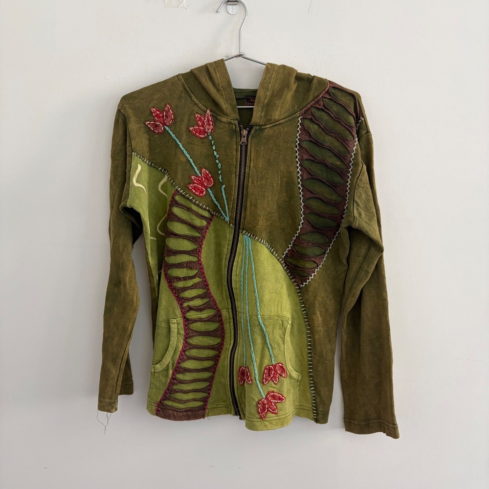 Rising International Green Embroidered Patchwork Full Zip Hoodie Large